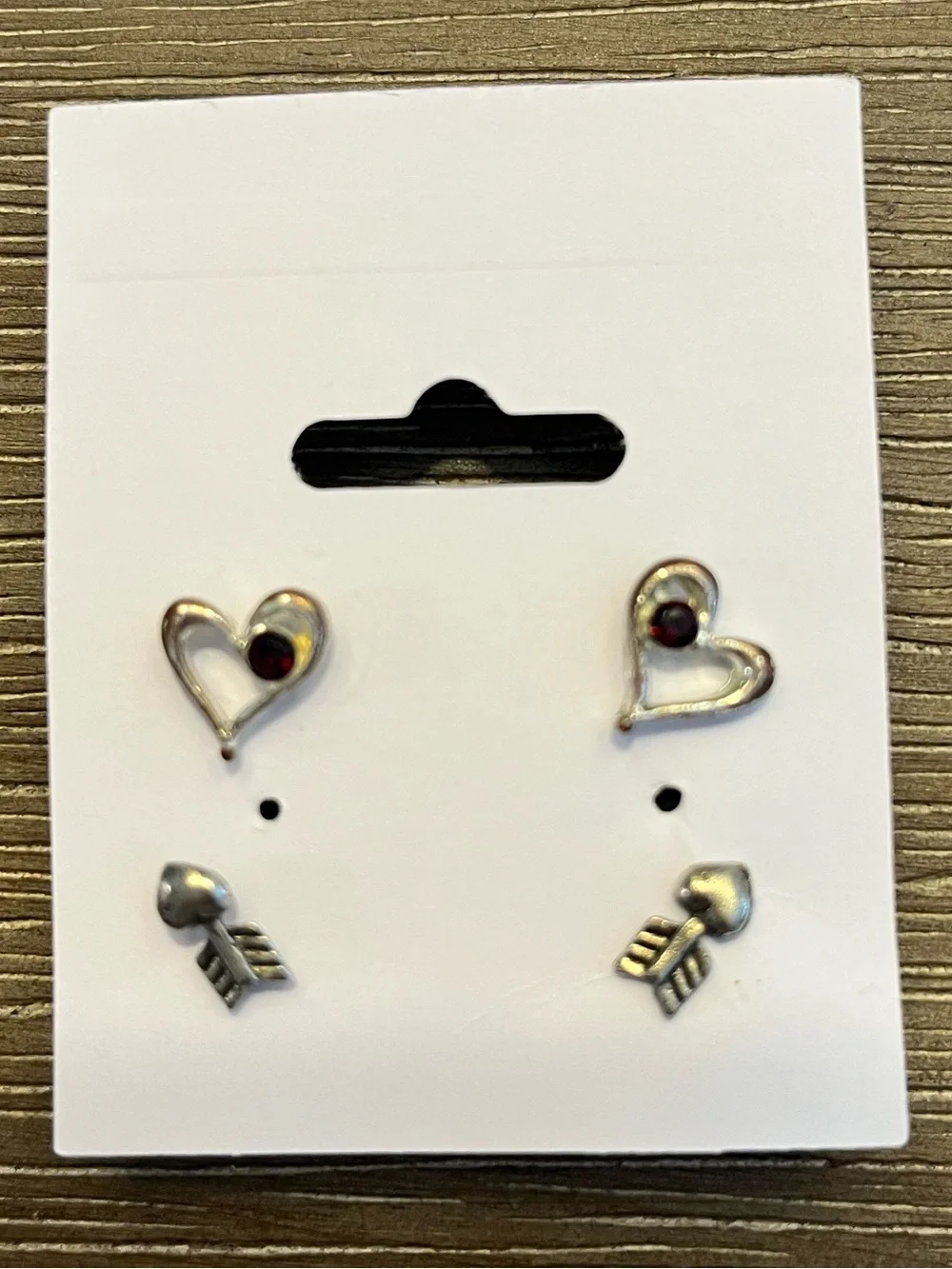 Vintage Heart & Arrow Silver Stud Earring Set with Red Accent Stones